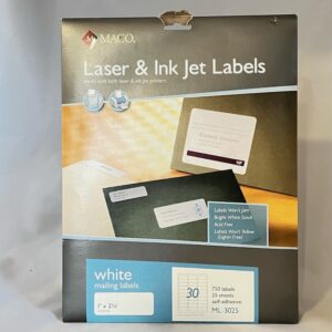 Maco Laser & Ink Jet Labels 25 Sheets, 750 Labels 1.0 x 2.625 inches.